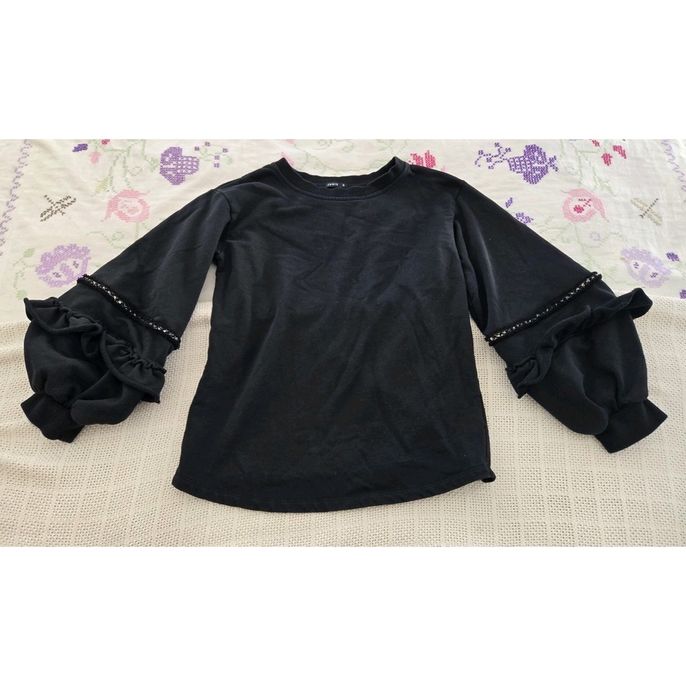 Junie Anthropologie Women's S  Sweatshirt Shirt Black Puff Balloon Sleeve